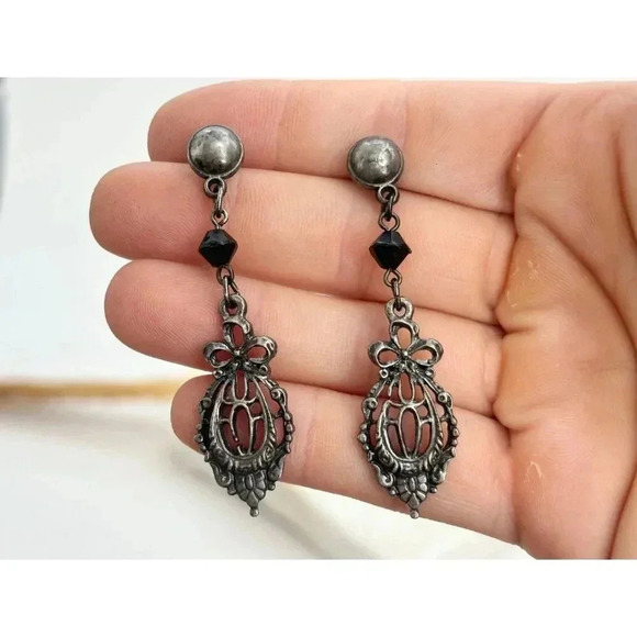 Vintage Dark Silver Tone Gothic Style Dangle Earrings - Picture 5 of 5